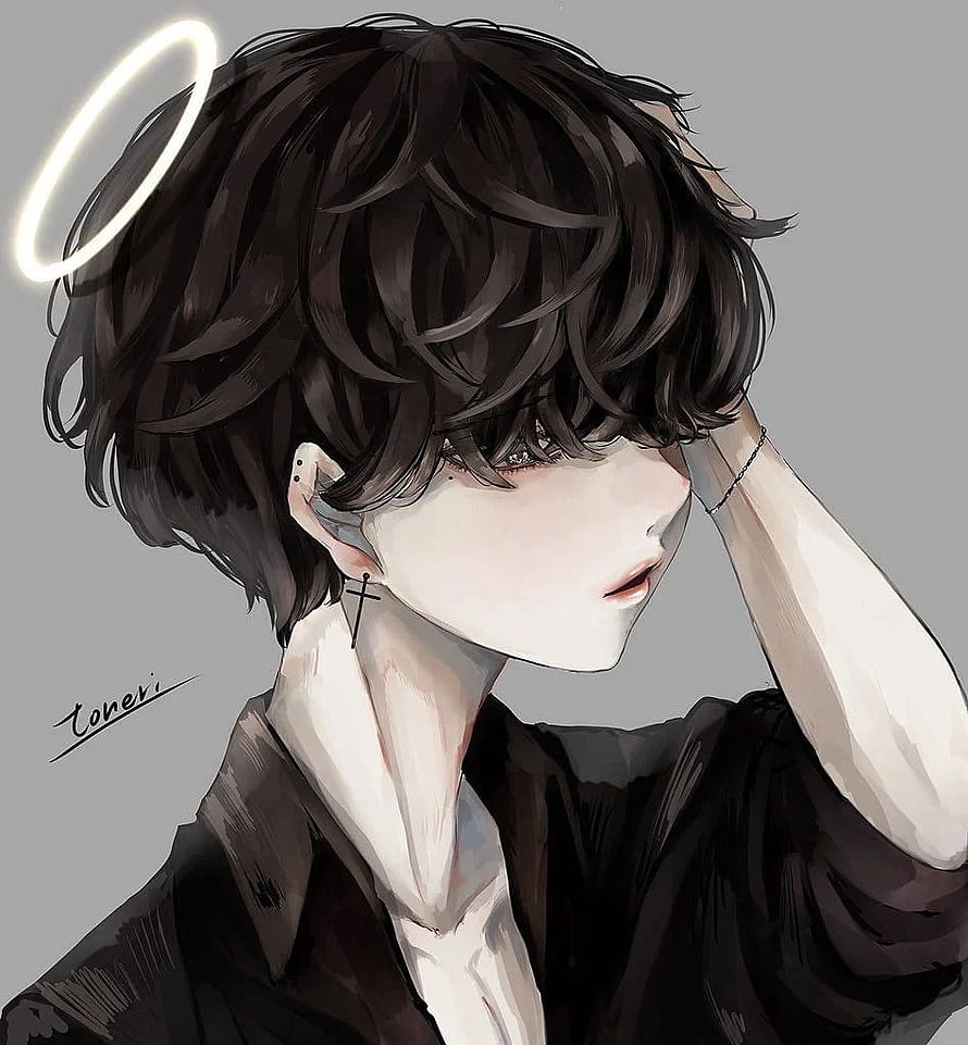 Emo Anime Boy With Halo And Cross Earring In Dark Aesthetic Illustration HD phone wallpaper