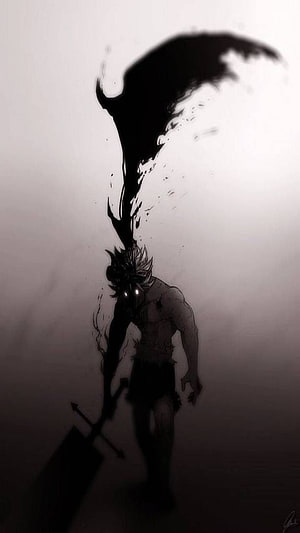 Dark warrior with glowing eyes and shadow aura wielding a large sword in monochrome style HD phone wallpaper