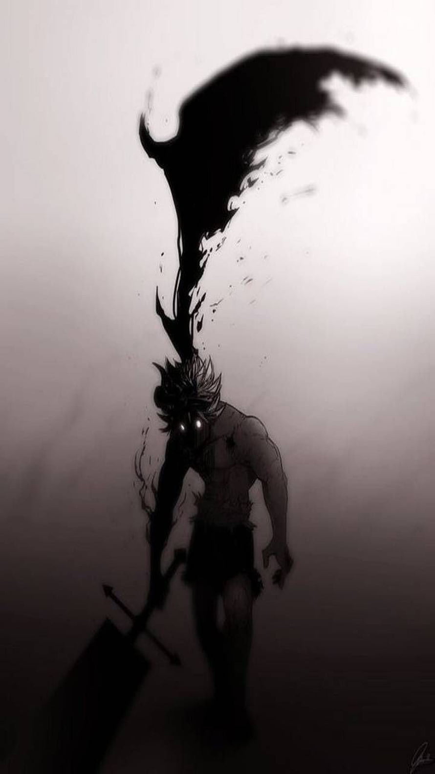 Dark warrior with glowing eyes and shadow aura wielding a large sword in monochrome style HD phone wallpaper