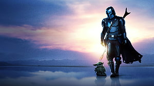 The Mandalorian and Grogu Walking at Sunset on a Reflective Surface HD wallpaper