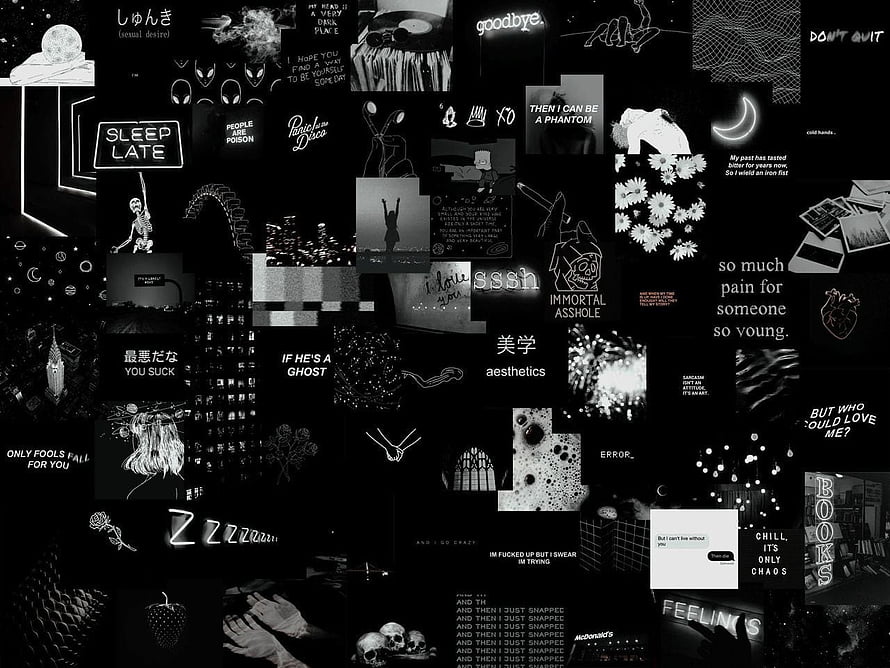 Dark Emo Aesthetic Collage with Black and White Typography and Gothic Imagery HD wallpaper