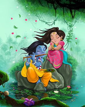 Cute Krishna Playing Flute For Radha In Lush Green Forest HD phone wallpaper