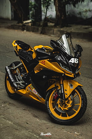Yellow and Black Yamaha R15 Sportbike with Number 46 Racing Decals HD phone wallpaper