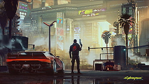 Cyberpunk 2077 Concept Art Featuring Red Sports Car and Character in Neon City HD wallpaper