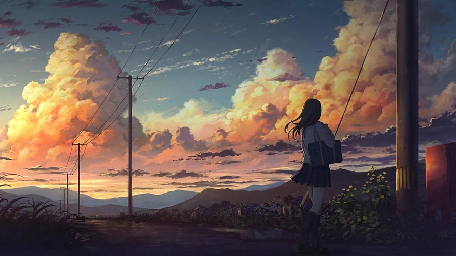 Anime Girl Standing on Rural Road Watching Golden Sunset Clouds HD wallpaper