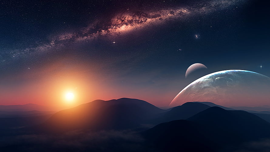 Alien Planet Sunset with Distant Moons and Milky Way Galaxy Over Mountainous Terrain HD wallpaper