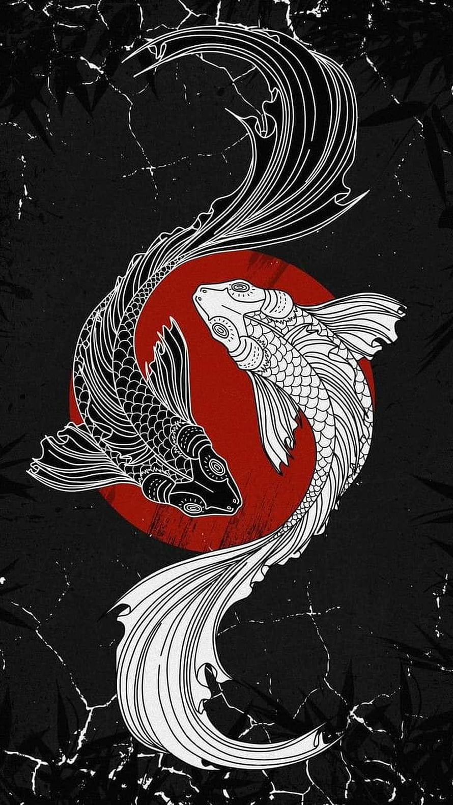 Black and White Koi Fish Yin Yang Design with Red Circle Background HD phone wallpaper
