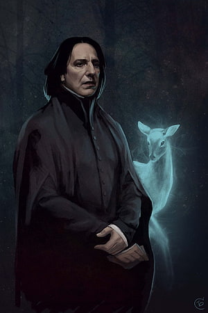 Severus Snape with a Glowing White Deer in a Dark Forest HD phone wallpaper
