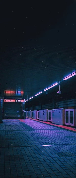 Empty Neon Lit Train Station Platform At Night With Blue And Purple Lighting HD phone wallpaper