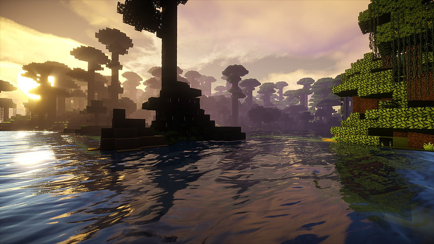 Minecraft Swamp Biome Sunset Landscape With Water Reflections And Trees HD wallpaper