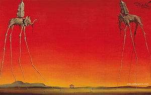 Salvador Dali Surrealist Painting of Giant Elephants Carrying Obelisks Over a Desert Landscape HD wallpaper