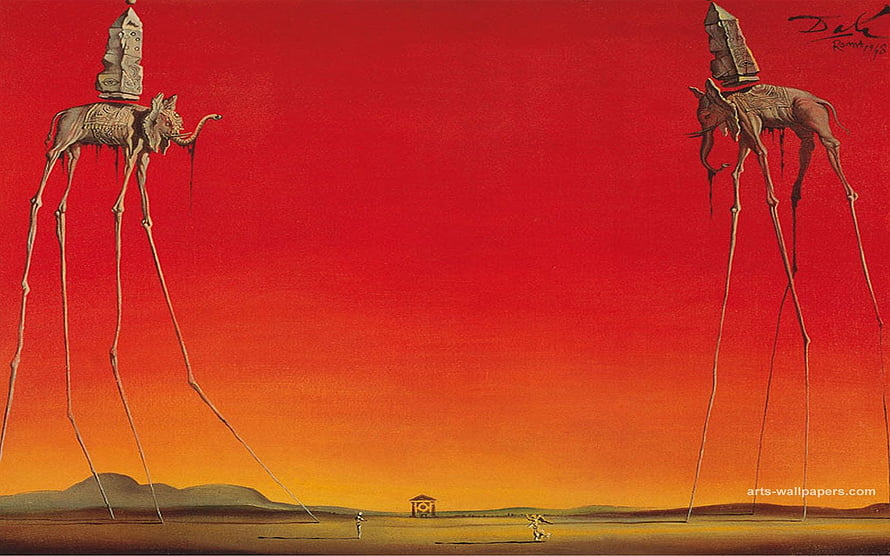 Salvador Dali Surrealist Painting of Giant Elephants Carrying Obelisks Over a Desert Landscape HD wallpaper