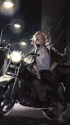 Mikey from Tokyo Revengers Sitting on a Motorcycle in a Nighttime City Street HD phone wallpaper