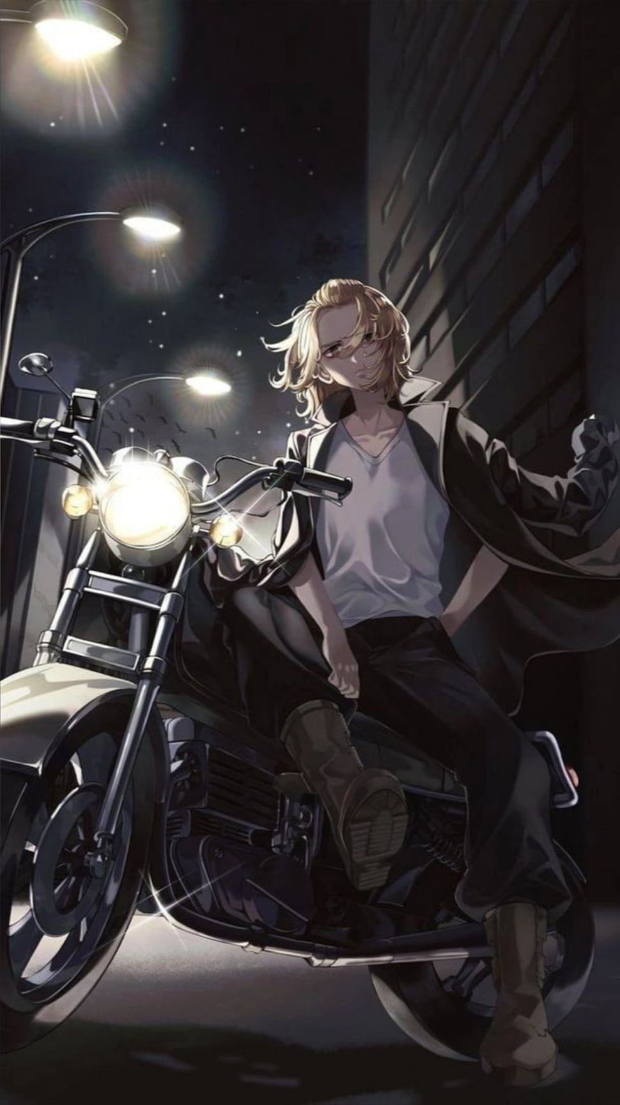 Mikey from Tokyo Revengers Sitting on a Motorcycle in a Nighttime City Street HD phone wallpaper