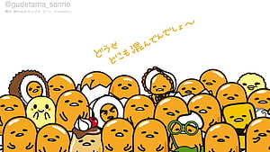Gudetama Sanrio Character Group Illustration with Japanese Text on White Background HD wallpaper