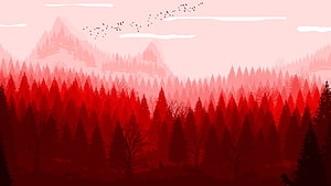 Layered Red Pine Forest Landscape with Distant Mountains and Flock of Birds in Minimalist Digital Art Style HD wallpaper