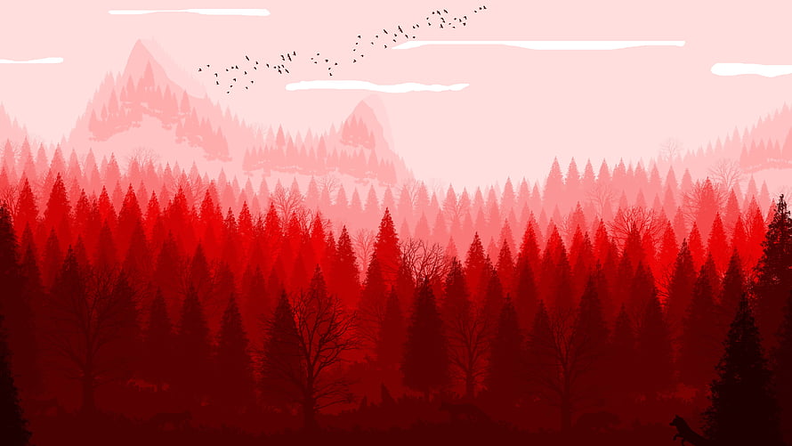 Layered Red Pine Forest Landscape with Distant Mountains and Flock of Birds in Minimalist Digital Art Style HD wallpaper