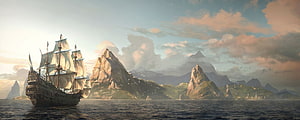 Assassin's Creed Black Flag sailing ship approaching tropical island with rocky peaks HD wallpaper