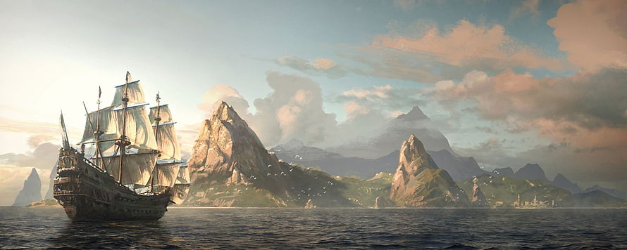 Assassin's Creed Black Flag sailing ship approaching tropical island with rocky peaks HD wallpaper