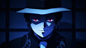 Muzan Kibutsuji from Demon Slayer in a dark fedora with glowing pink eyes HD wallpaper