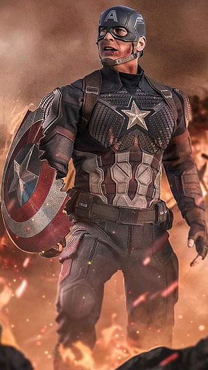 Captain America in War-Torn Battle Scene with Shield and Tactical Armor HD phone wallpaper