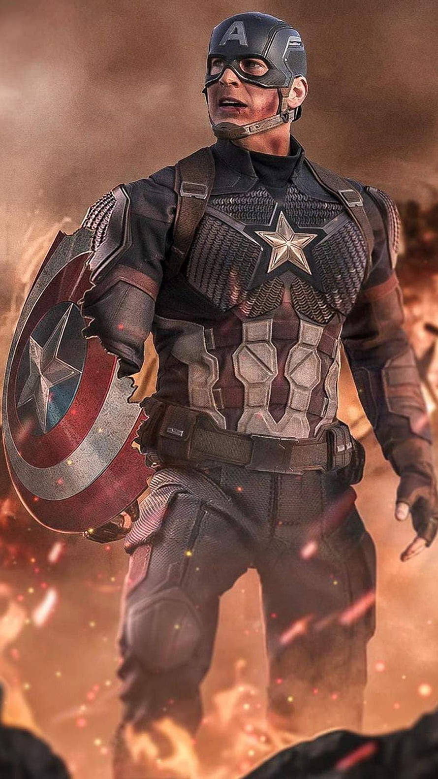 Captain America in War-Torn Battle Scene with Shield and Tactical Armor HD phone wallpaper