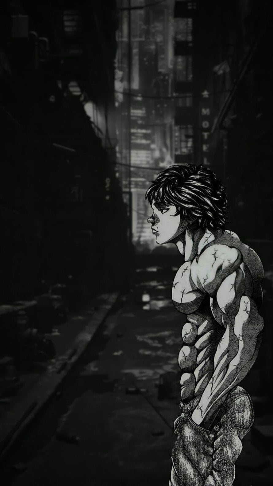 Makima from Chainsaw Man standing in a dark alleyway, black and white manga style illustration, Hanma Baki, monochrome, Hanma yujiro HD phone wallpaper