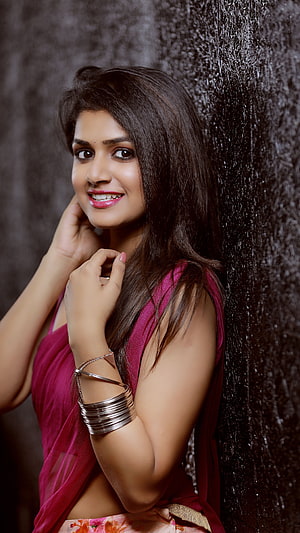 Sanjana Anand in a Maroon Saree with Silver Bangles and Floral Skirt HD phone wallpaper