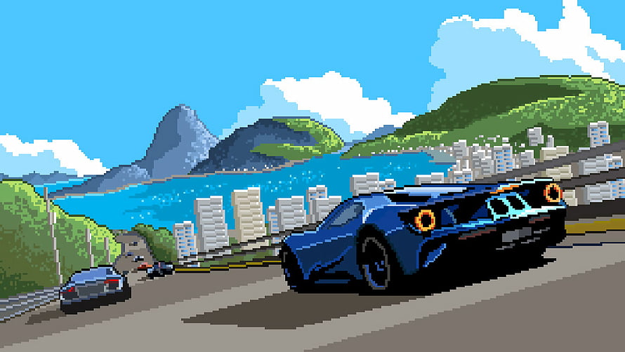 Pixel Art Blue Sports Car Driving on Coastal Highway with City and Mountains in Background HD wallpaper