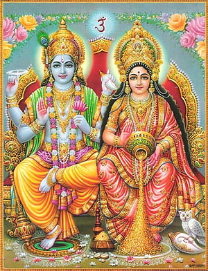 Lord Vishnu and Goddess Lakshmi Sitting Together with Gold Coins and Peacock Feather HD phone wallpaper
