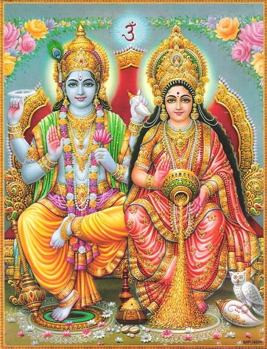 Lord Vishnu and Goddess Lakshmi Sitting Together with Gold Coins and Peacock Feather HD phone wallpaper