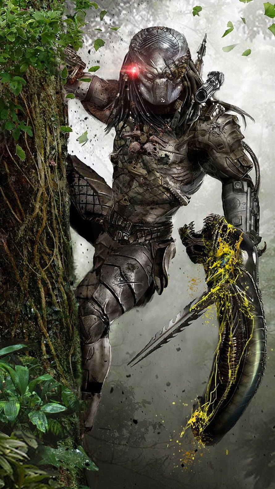 Predator warrior in jungle combat with alien trophy and glowing red visor HD phone wallpaper