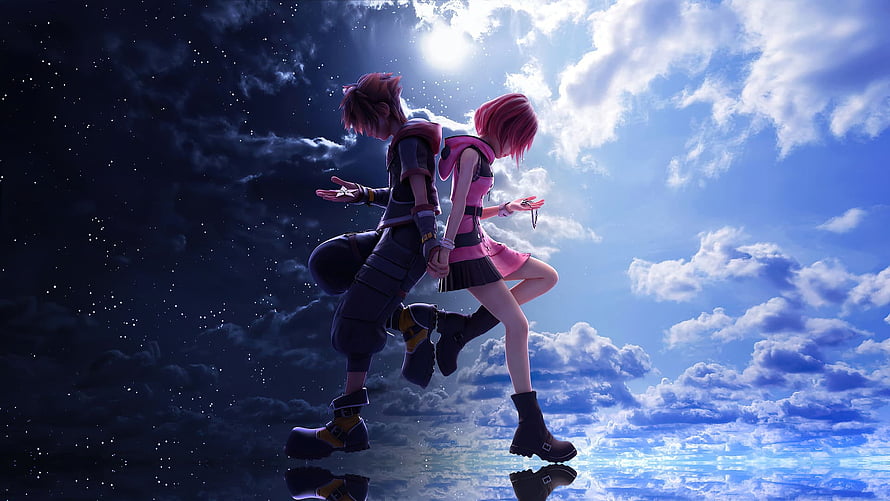 Sora and Kairi Walking Hand in Hand Across a Reflective Sky in Kingdom Hearts HD wallpaper