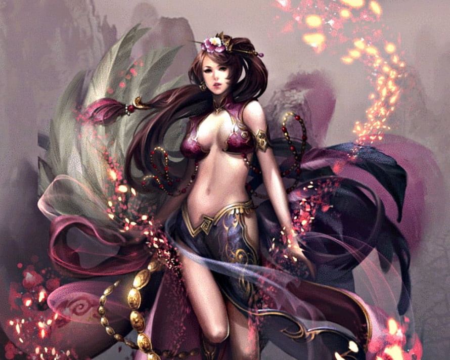 Elegant Fantasy Woman in Ornate Purple Attire with Flowing Ribbons and Magical Embers, Fantasy girl, magic, fantasy, art, woman HD wallpaper