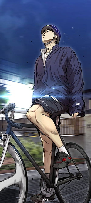 Man Riding Bicycle at Night in Anime Style, Windbreaker, cycling HD phone wallpaper