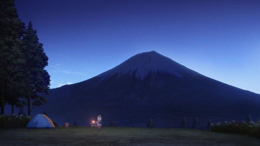 Yuru Camp Anime Scene: Nighttime Camping Under a Snow-Capped Mountain HD wallpaper