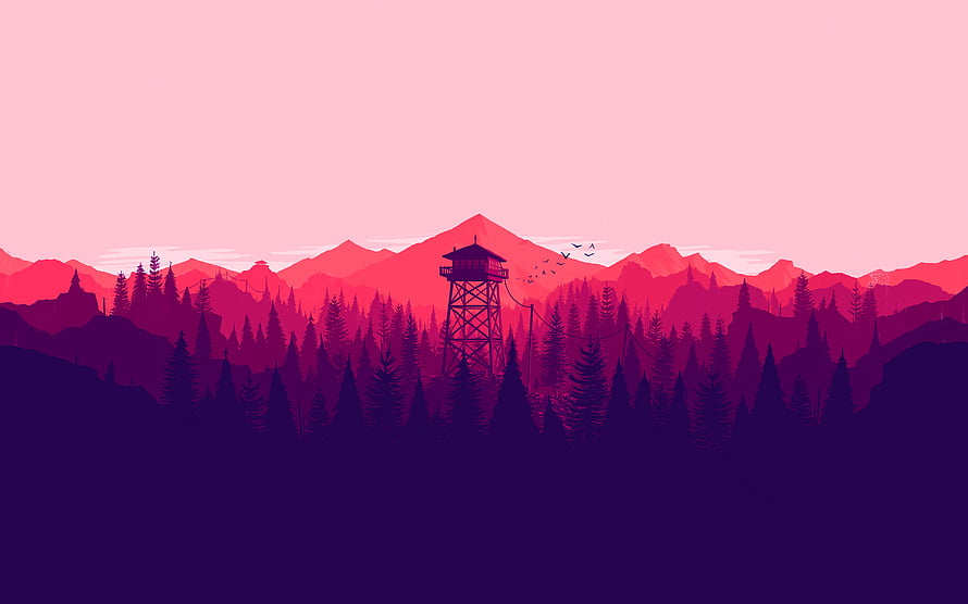 Vibrant Pink and Purple Mountain Landscape with Forest and Watchtower HD wallpaper