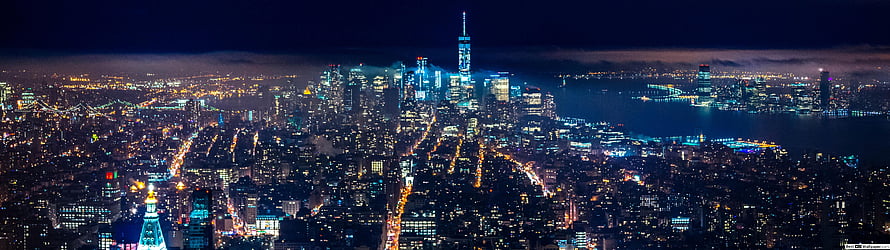 Aerial Night View of New York City Skyline with One World Trade Center HD wallpaper