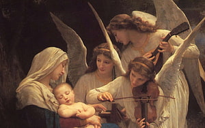 The Lullaby by William Adolphe Bouguereau - Classical Painting of Angels Playing Music for Baby Jesus HD wallpaper