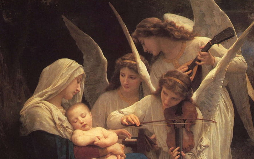 The Lullaby by William Adolphe Bouguereau - Classical Painting of Angels Playing Music for Baby Jesus HD wallpaper