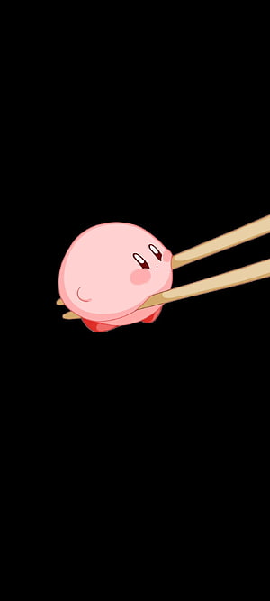 Cute Pink Kirby Character Held By Wooden Chopsticks On Black Background HD phone wallpaper