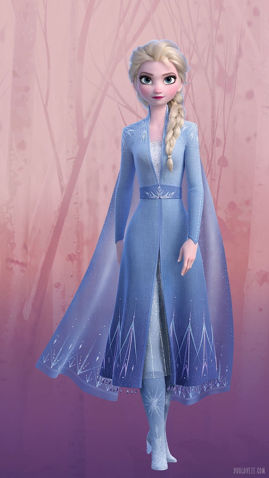 Elsa from Frozen 2 in her iconic blue gown with flowing cape and braided blonde hair against a soft pink winter backdrop HD phone wallpaper