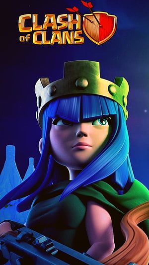 Clash of Clans Archer Queen Character Portrait with Green Helmet and Blue Hair HD phone wallpaper