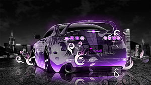 Purple Toyota Supra with Anime Girl Wrap and Neon Glow in Night City HD wallpaper