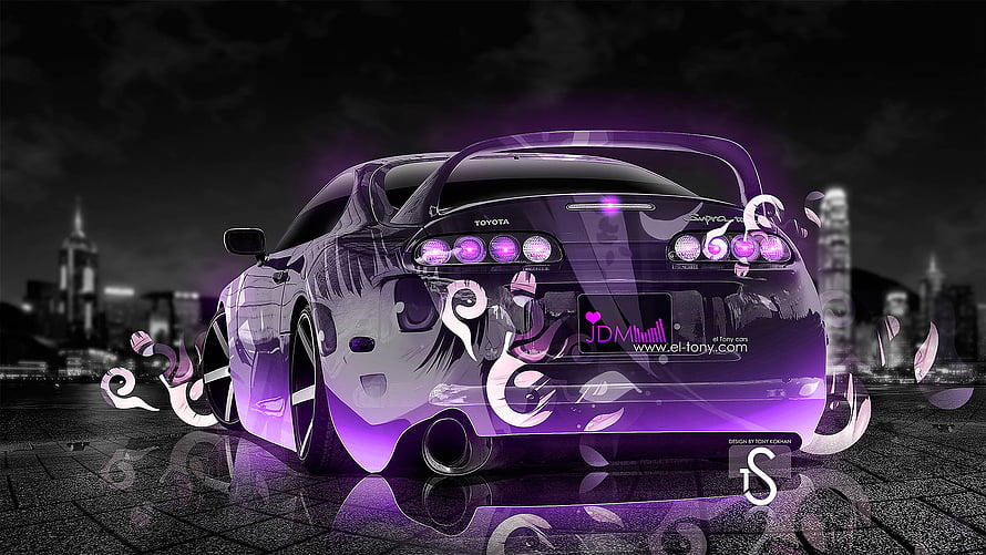 Purple Toyota Supra with Anime Girl Wrap and Neon Glow in Night City HD wallpaper