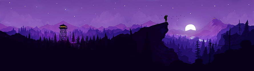 Silhouette of a Hiker on a Cliff Edge Overlooking a Purple Mountain Range at Night HD wallpaper
