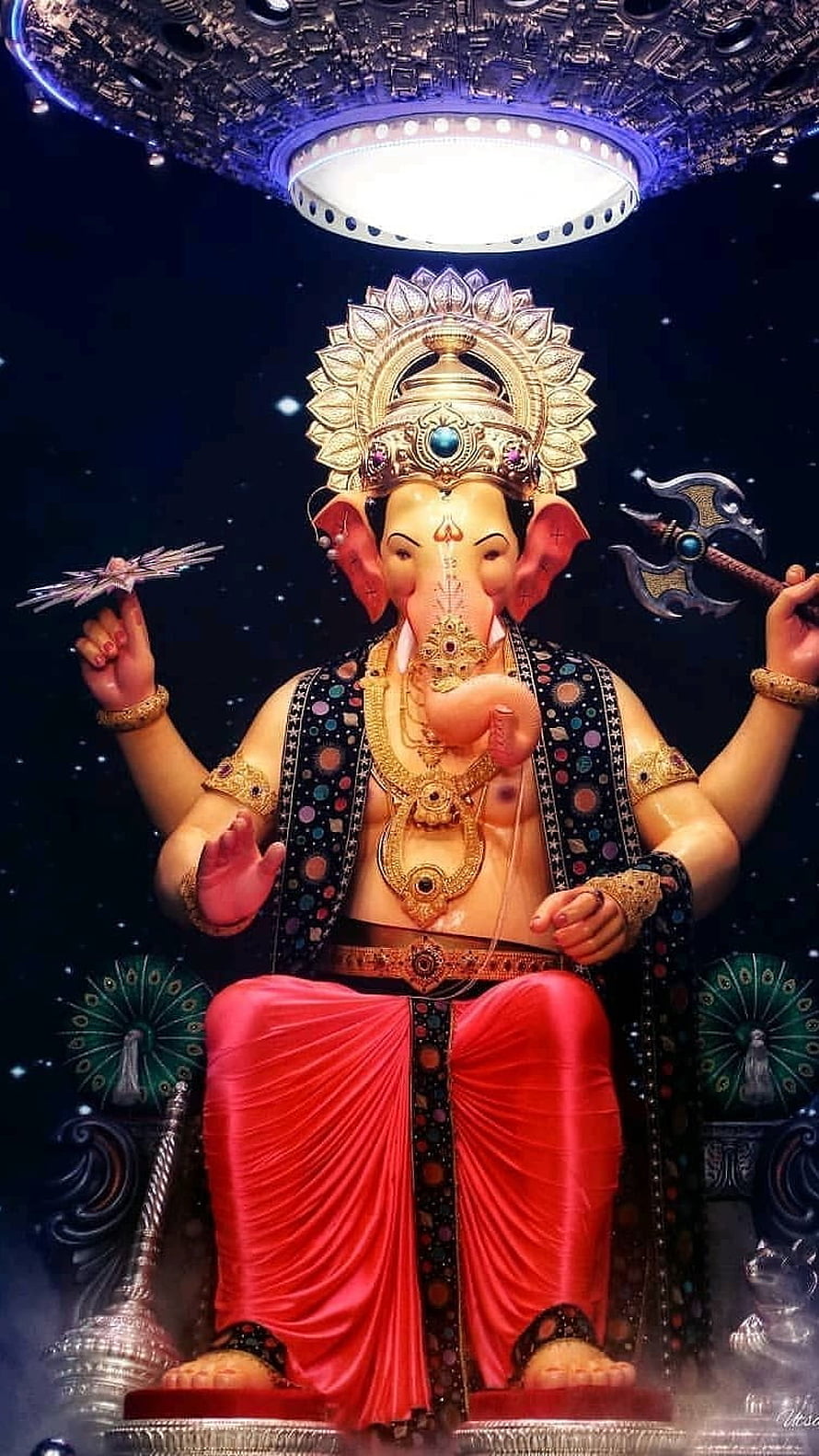 Ganesha Statue Under UFO Light Beam With Peacocks And Cosmic Background HD phone wallpaper
