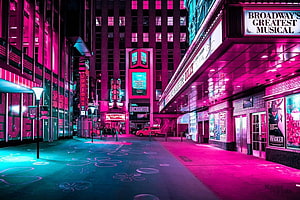 Neon-lit Broadway Theater District at Night with Wicked and Dolly Signs HD wallpaper