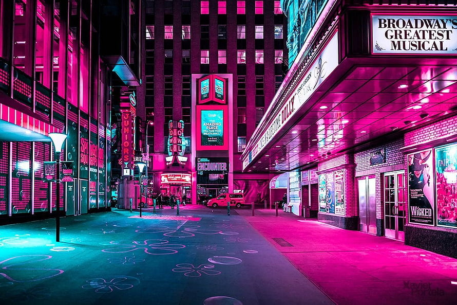 Neon-lit Broadway Theater District at Night with Wicked and Dolly Signs HD wallpaper