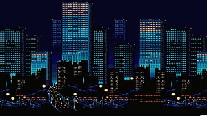 Pixel Art City Skyline at Night with Glowing Blue Skyscrapers and Streetlights HD wallpaper